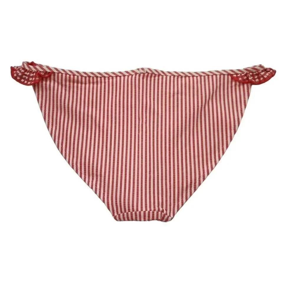 Aerie Women's Size Small Red White Stripe Ruffle Side Bikini Bottom